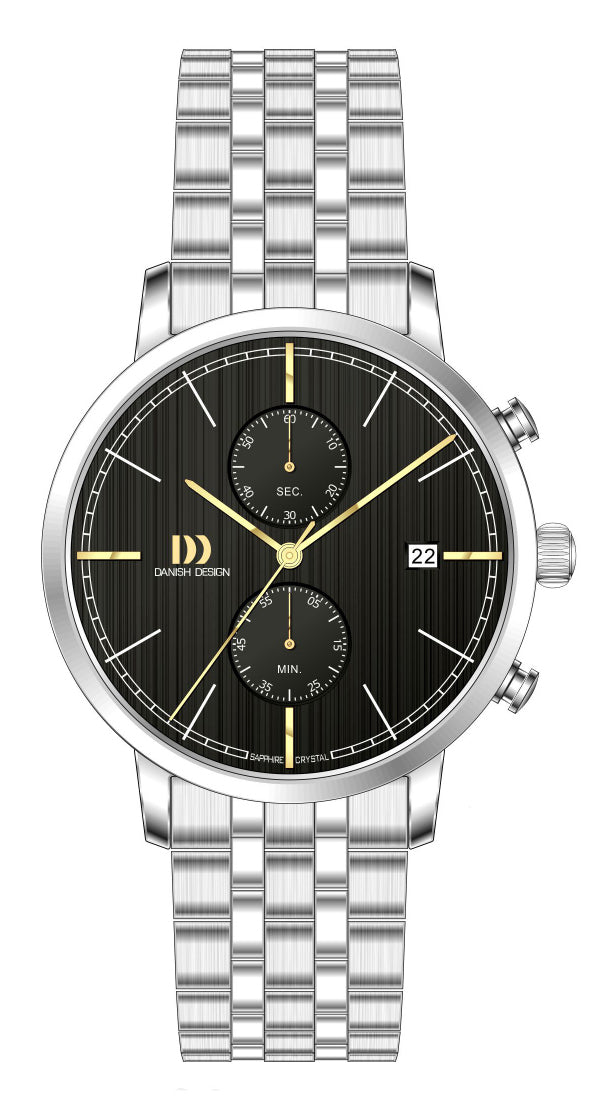 Herrenuhr mit schwarzem Zifferblatt, Chronograph und Edelstahlarmband, Datumsanzeige