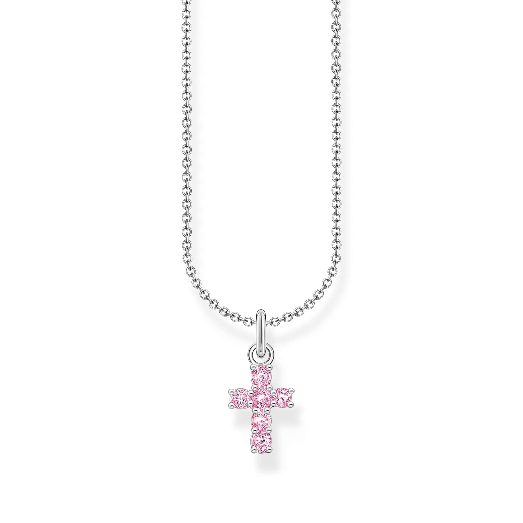 Halsband i silverfärg med hänge i form av ett rosa kors, pansarkedja.