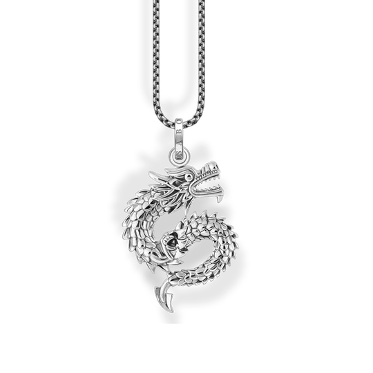 Silversmycke med svärtad drakhänge, detaljvy