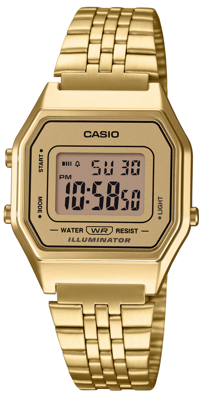 Casio damklocka med guldfärgat metallarmband och LED digital display