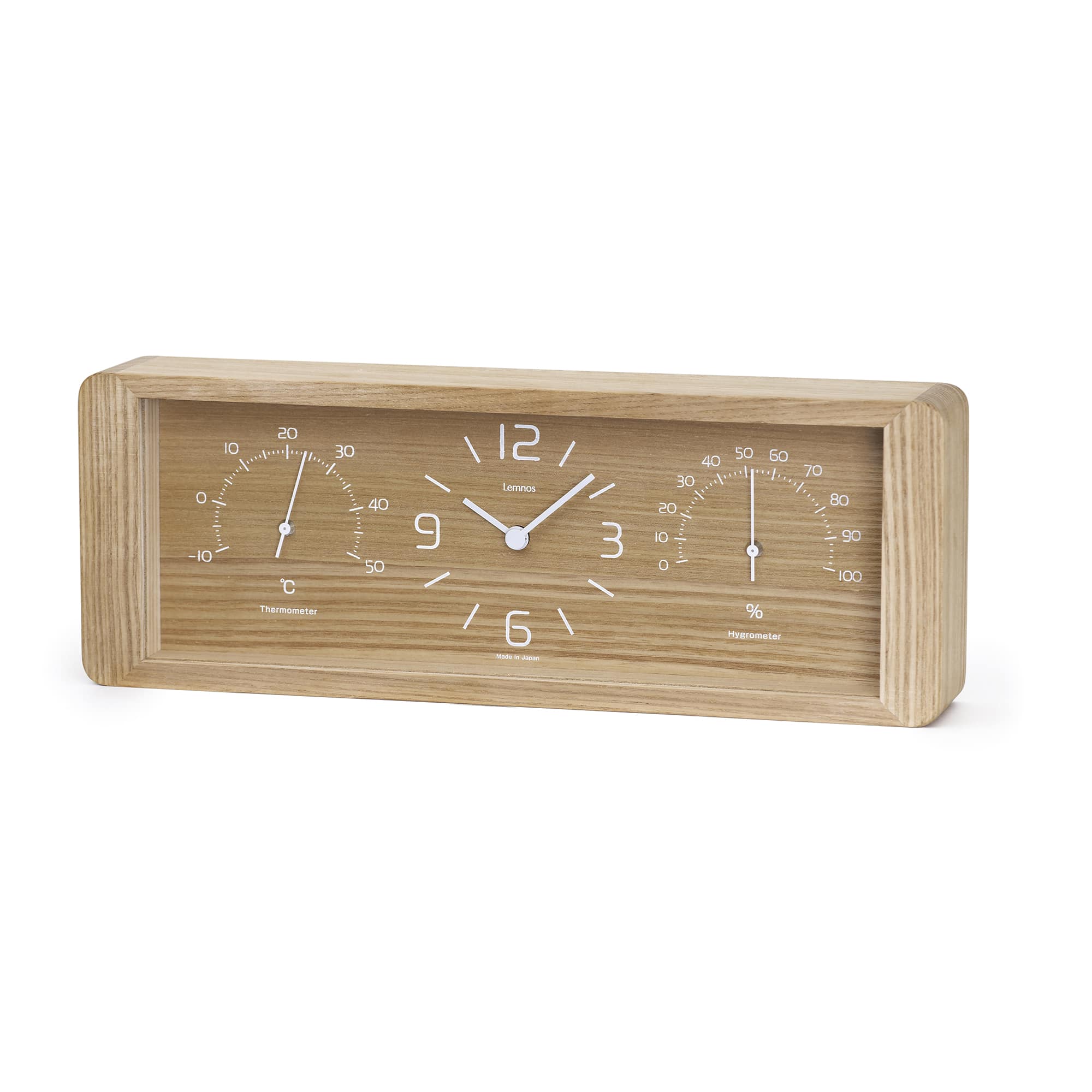 Tischuhr aus hellem Holz mit Ziffernblatt, Thermometer- und Hygrometeranzeigen