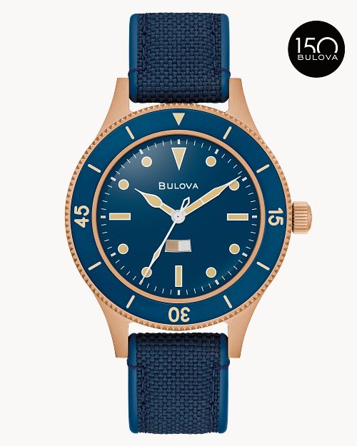 Bulova Herrenuhr mit blauem Zifferblatt, bronzefarbener Lünette und blauem Textilband