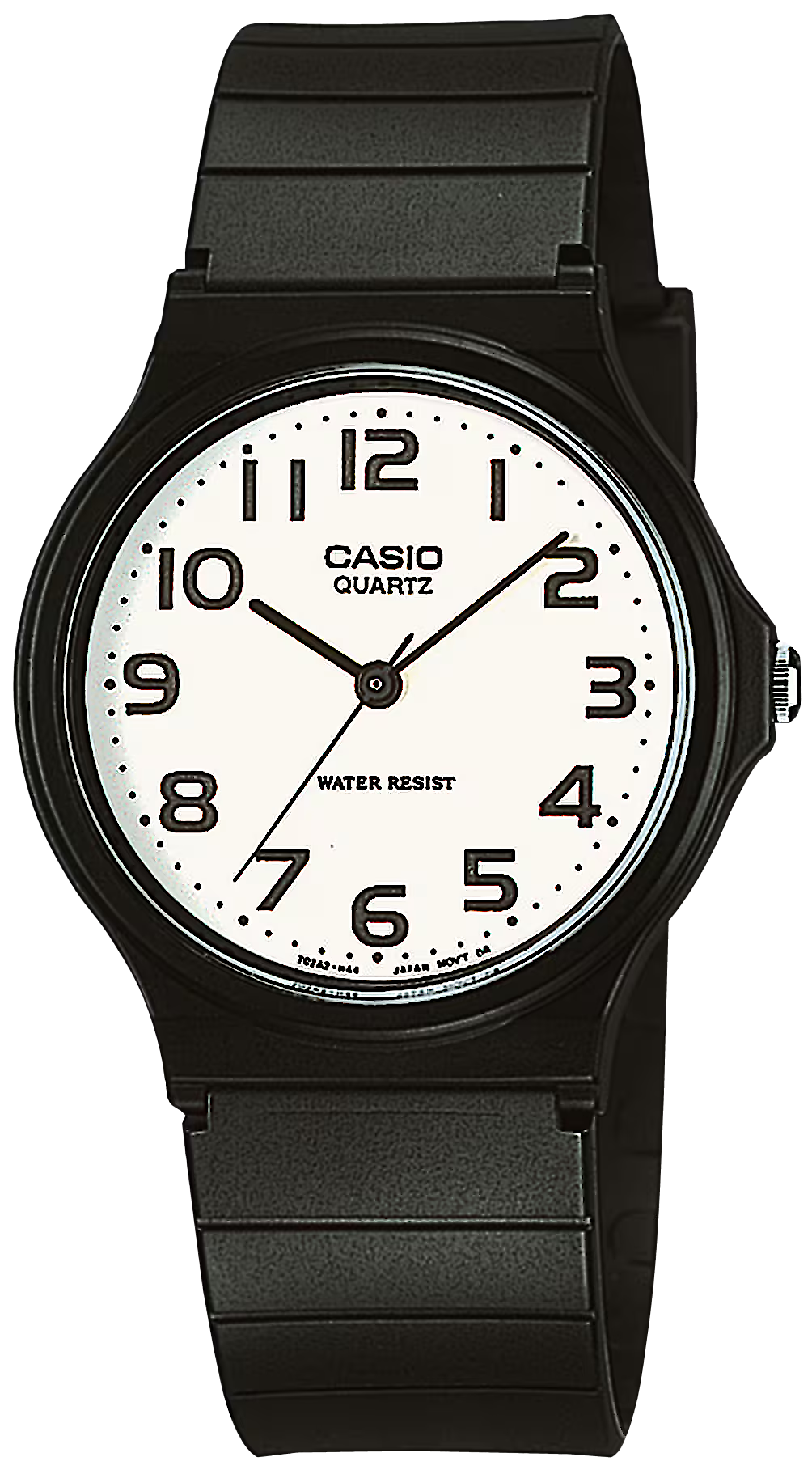 Svart armbandsur med rund urtavla, siffror, visare och CASIO QUARTZ