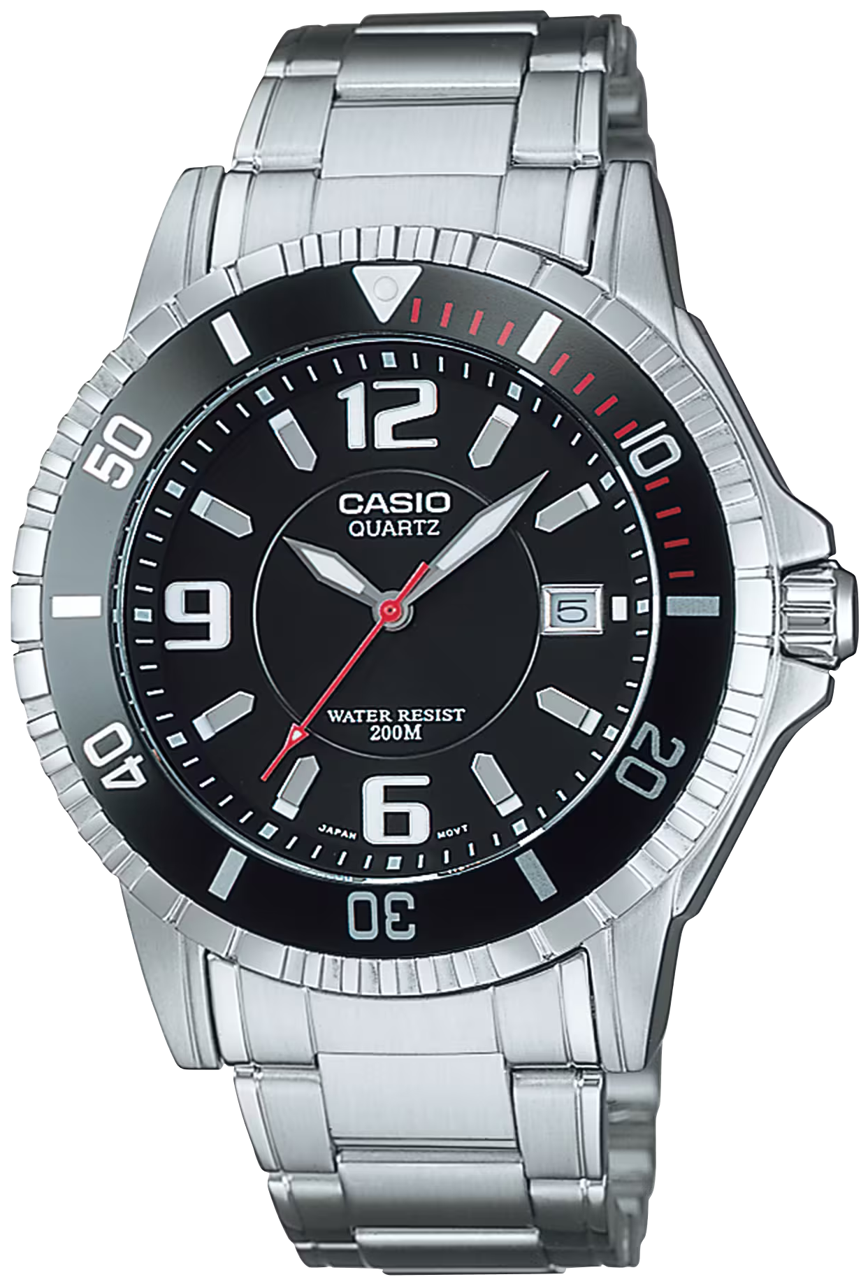 Casio herrklocka med svart urtavla, silverfärgad metallänk, infattning och röda accenter