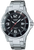 Casio herrklocka med svart urtavla, silverfärgad metallänk, infattning och röda accenter