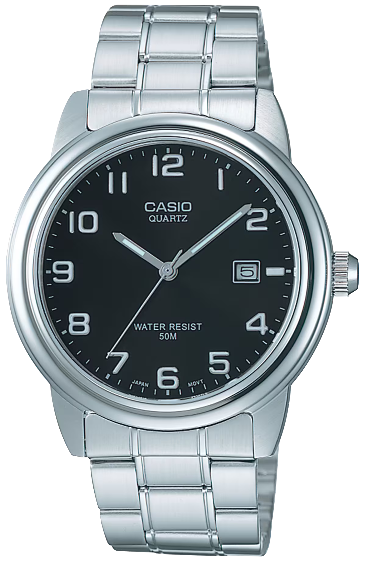 Casio herrur med svart urtavla, datumfönster och armband i rostfritt stål