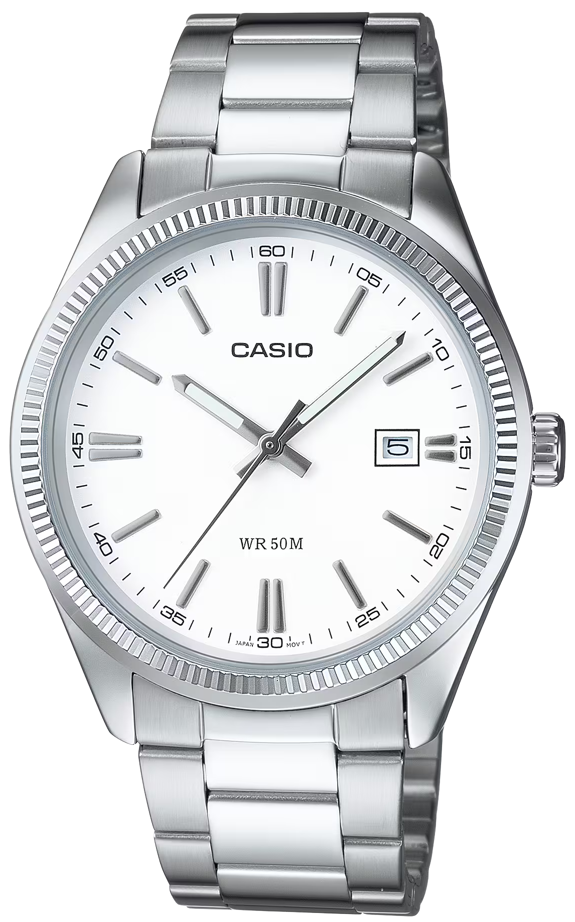 Casio herrur med silverfärgat metallarmband, vit urtavla, datumvisning