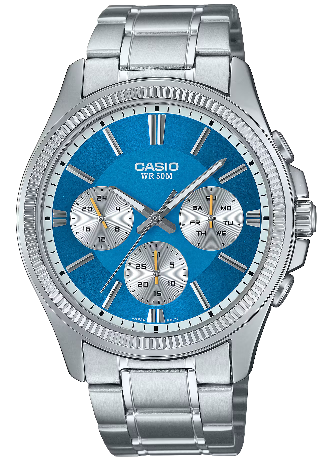 Casio herrklocka med blå urtavla, armband i rostfritt stål och rund infattning