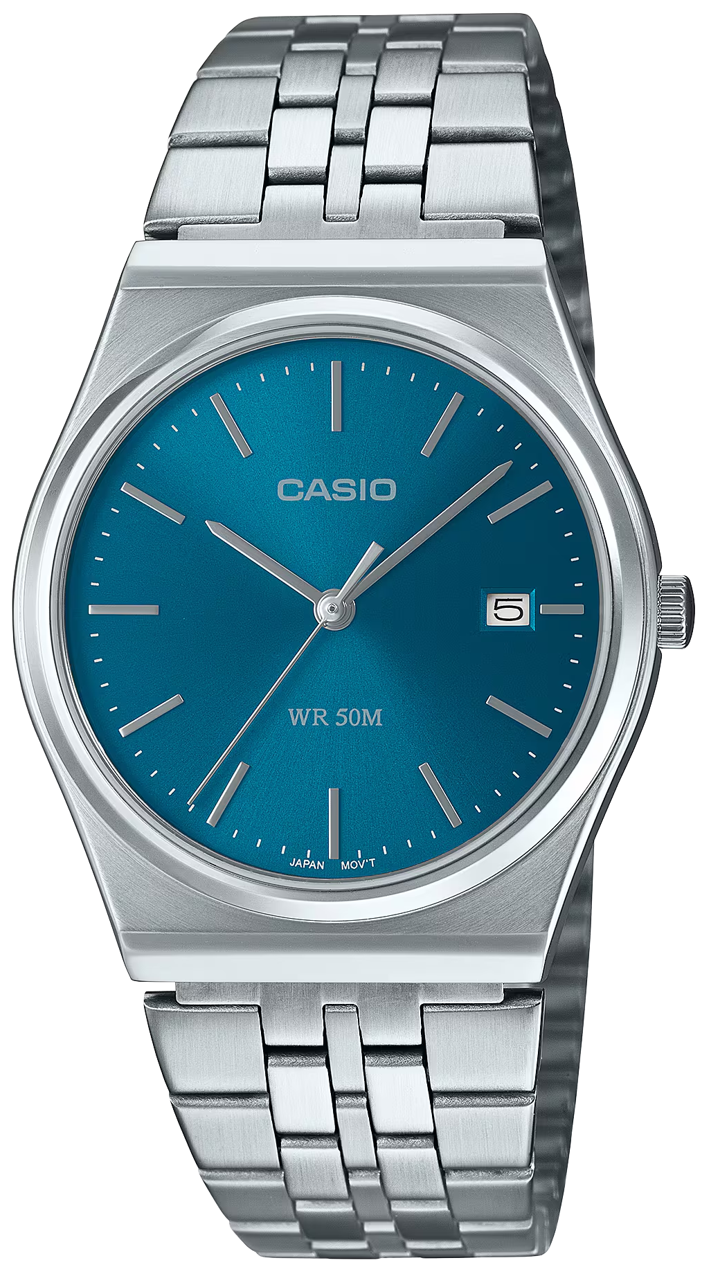 CASIO herrarmbandsur med blå urtavla, datumvisning vid 5, armband i rostfritt stål