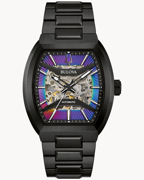 Herren-Armbanduhr Bulova: skelettiertes Automatik-Zifferblatt, schwarz, mehrfarbig