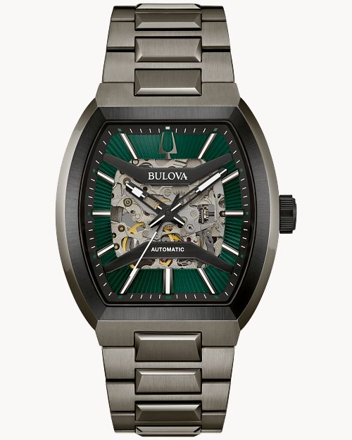 Bulova Herrenuhr mit grünem Skelettzifferblatt, Automatikwerk und Metallarmband