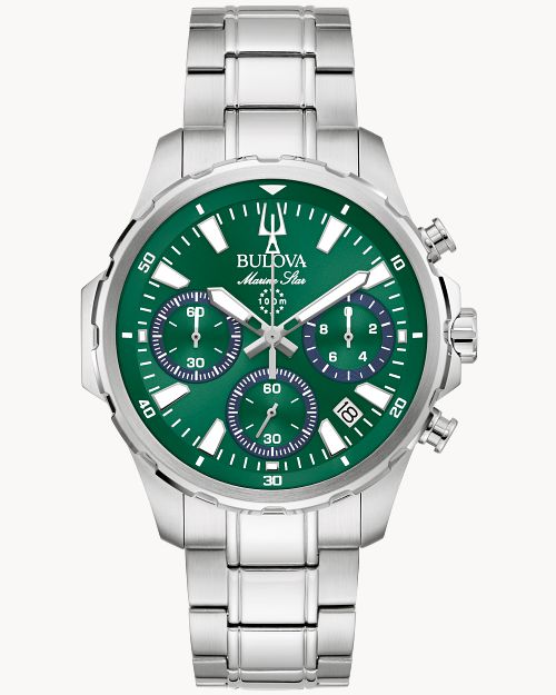 Bulova Marine Star Herrenuhr mit Chronograph, grünem Zifferblatt und Edelstahlarmband