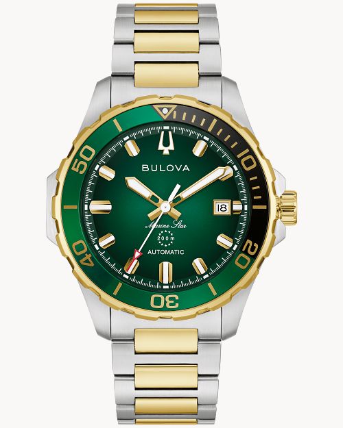 Bulova Herrenarmbanduhr Marine Star, zweifarbiges Stahlband, grünes Ziffernblatt, Datum