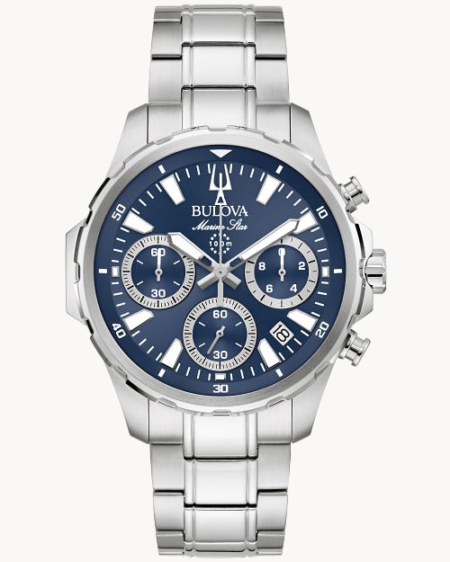 Bulova Marine Star Herrenuhr mit Chronograph, blauem Zifferblatt und Edelstahlarmband