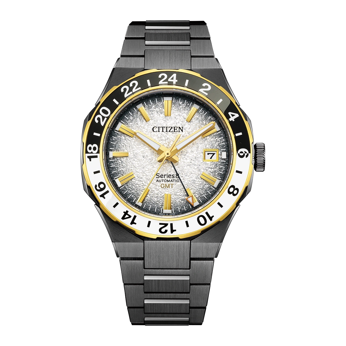 Herrenuhr mit silbernem Metallarmband, rundem Zifferblatt, goldenen Akzenten und Datum.