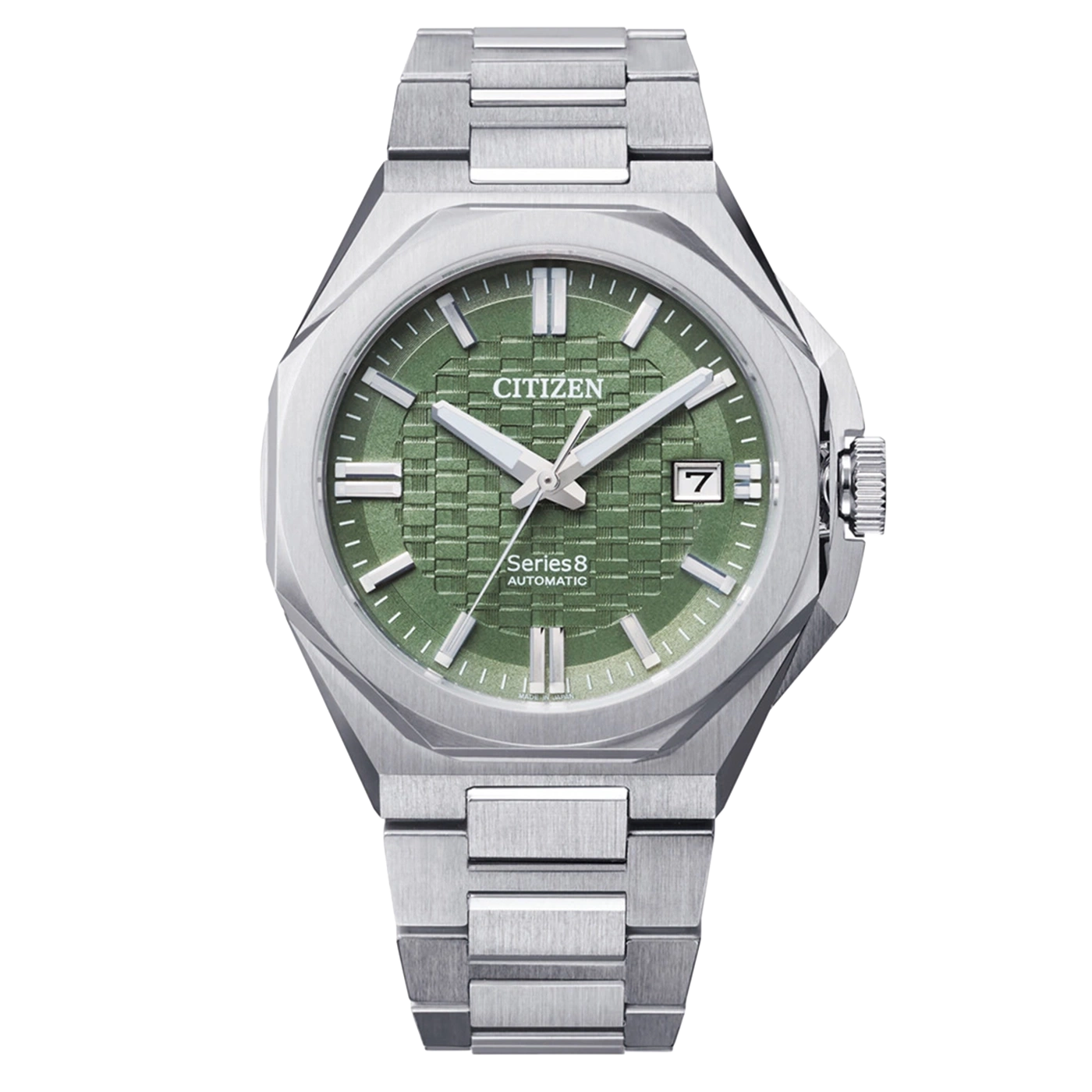 Citizen Herrenuhr mit grünem Zifferblatt, silbernem Stahlgehäuse und Metallarmband.