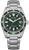Herrklocka med grön urtavla, silverfärgat metallarmband och självlysande index