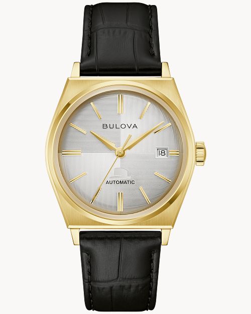 Bulova Herrenuhr, schwarzes Lederarmband, goldfarbenes Gehäuse, graues Zifferblatt mit Datumfenster