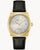 Bulova Herrenuhr, schwarzes Lederarmband, goldfarbenes Gehäuse, graues Zifferblatt mit Datumfenster