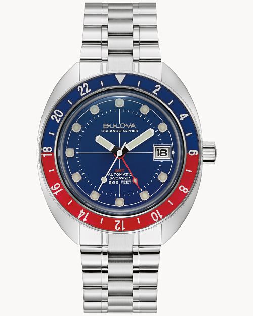 Bulova Oceanographer GMT Herrenuhr mit blauem Zifferblatt, Stahlarmband und GMT-Lünette