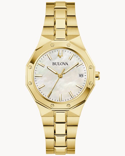 Bulova Damenuhr mit goldenem Metallarmband, weißem Zifferblatt und Datumsanzeige