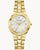 Bulova Damenuhr mit goldenem Metallarmband, weißem Zifferblatt und Datumsanzeige