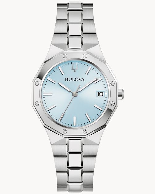 Damenarmbanduhr Bulova mit hellblauem Zifferblatt, Edelstahlarmband und Datumsanzeige 18