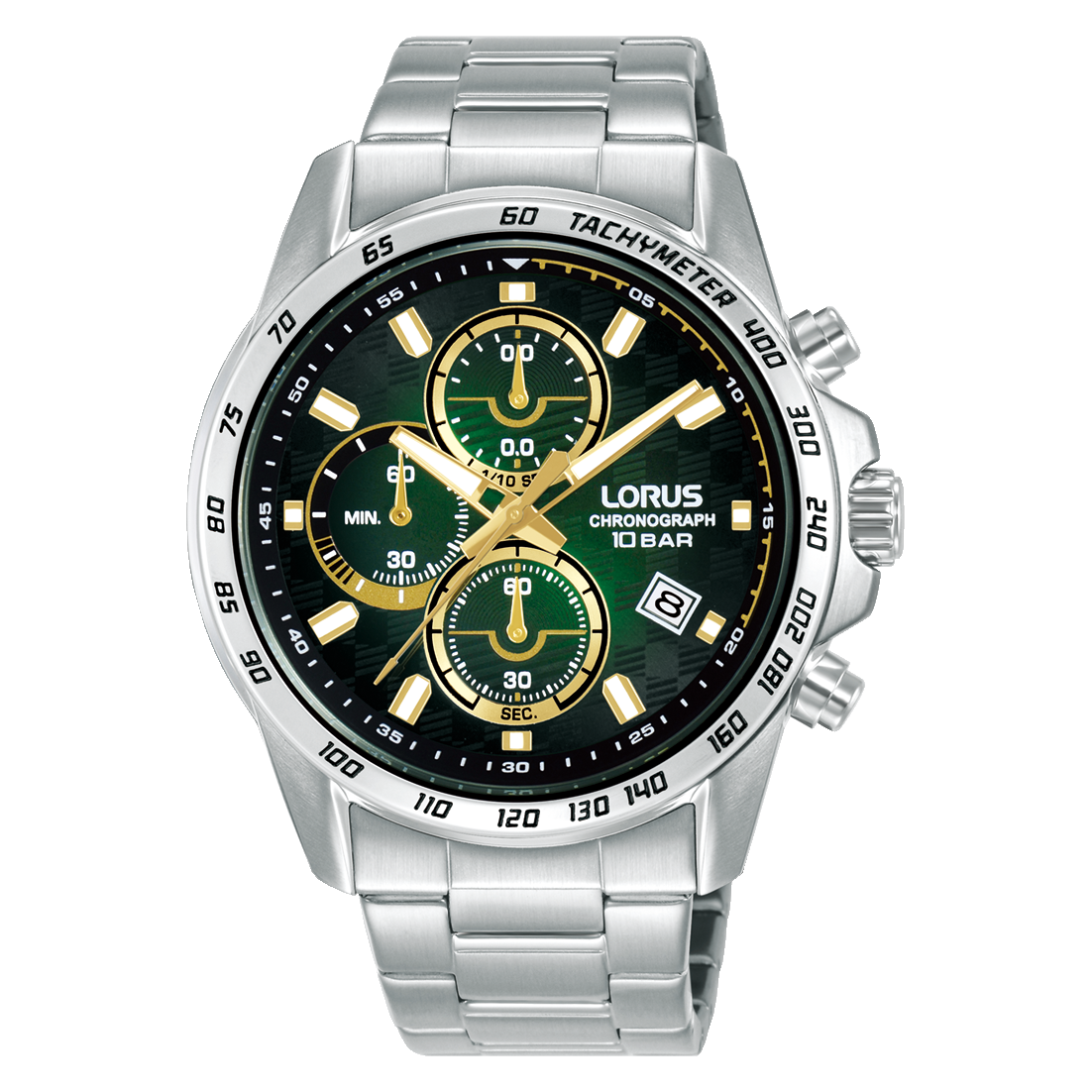 Zegarek męski Lorus Sport z chronografem, czarną tarczą i stalową bransoletą