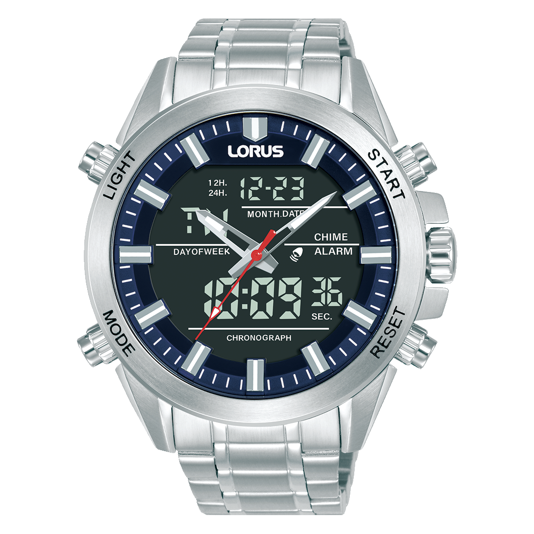 Lorus Herrenarmbanduhr mit blauem Zifferblatt, Stahlband und digitaler Anzeige