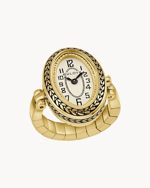 Goldfarbene Ringarmbanduhr mit elfenbeinfarbenem Zifferblatt und römischen Zahlen