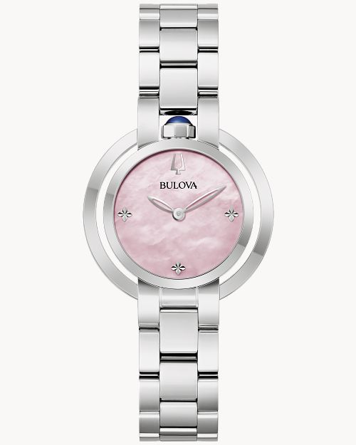 Bulova Damenuhr mit rosa Zifferblatt, runder Edelstahlgehäuse und Edelstahlarmband