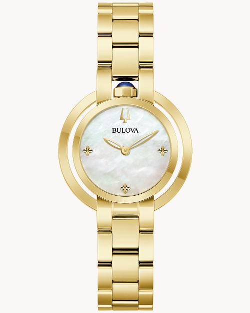 Bulova Damenuhr mit weißem Zifferblatt, goldfarbenem Edelstahlarmband und runden Indexen