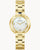 Bulova Damenuhr mit weißem Zifferblatt, goldfarbenem Edelstahlarmband und runden Indexen