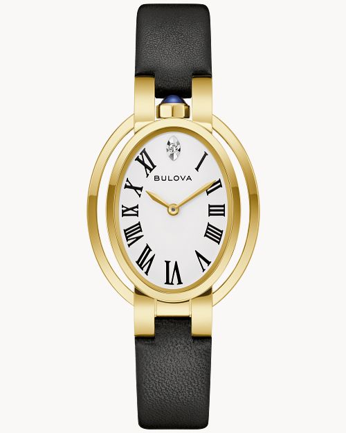 Damenarmbanduhr Bulova mit weißem Zifferblatt, römischen Ziffern, Goldgehäuse und schwarzem Lederband