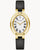 Damenarmbanduhr Bulova mit weißem Zifferblatt, römischen Ziffern, Goldgehäuse und schwarzem Lederband