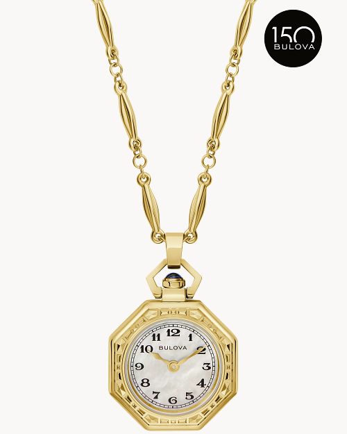 Damen-Umhängeuhr mit goldfarbenem Achtkantgehäuse, weißem Zifferblatt und Gliederkette