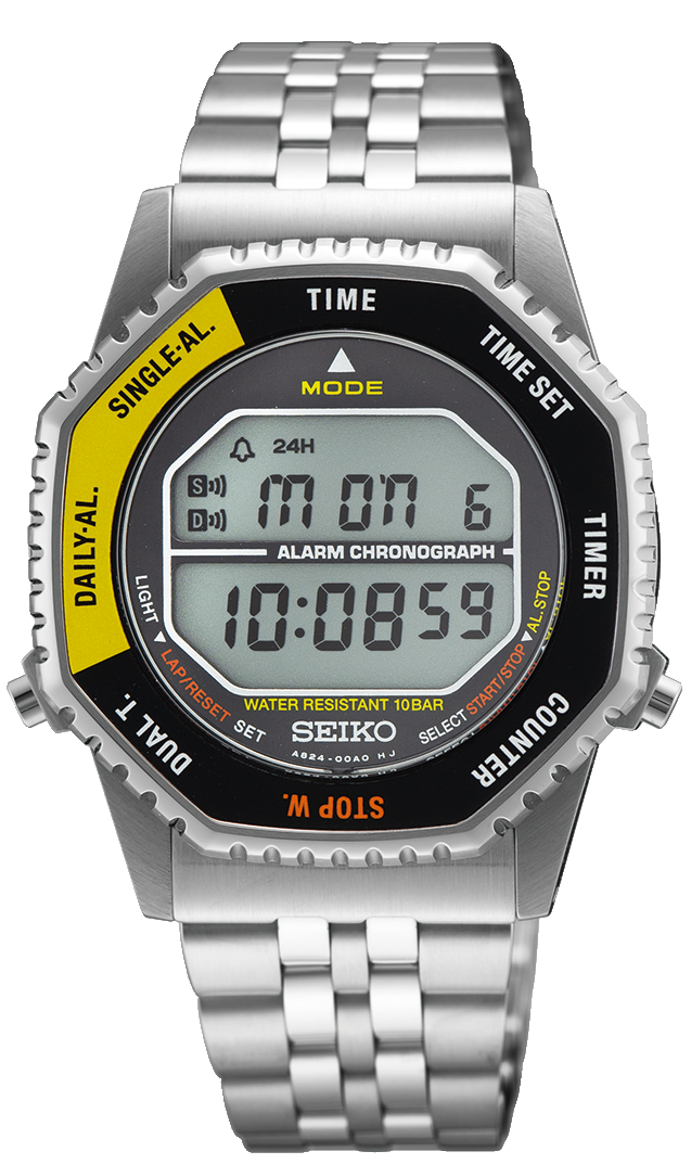 Seiko herrarmbandsur: metallarmband, svart digital urtavla, gula accenter