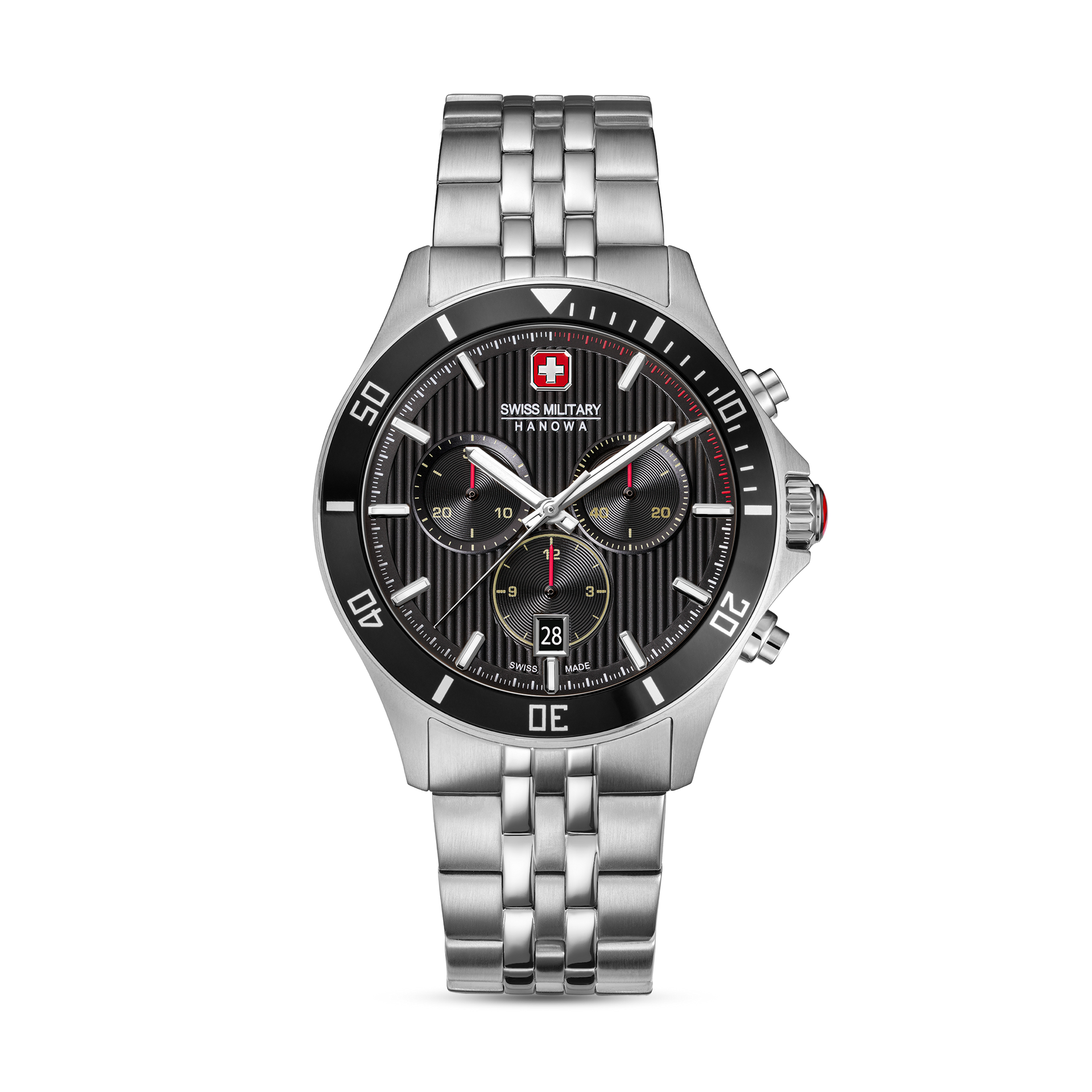 Herren-Chronographuhr mit Edelstahlarmband, schwarzem Zifferblatt und Saphirglas