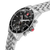 Chronographuhr mit Edelstahlarmband, schwarzem Zifferblatt und drei Hilfszifferblättern