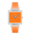 Neonorange Armbanduhr mit transparentem Gehäuse, orangefarbenem Zifferblatt und blauen Zeigern