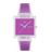 Swatch Armbanduhr mit quadratischem transparentem Gehäuse, violettem Zifferblatt und grünen Zeigern