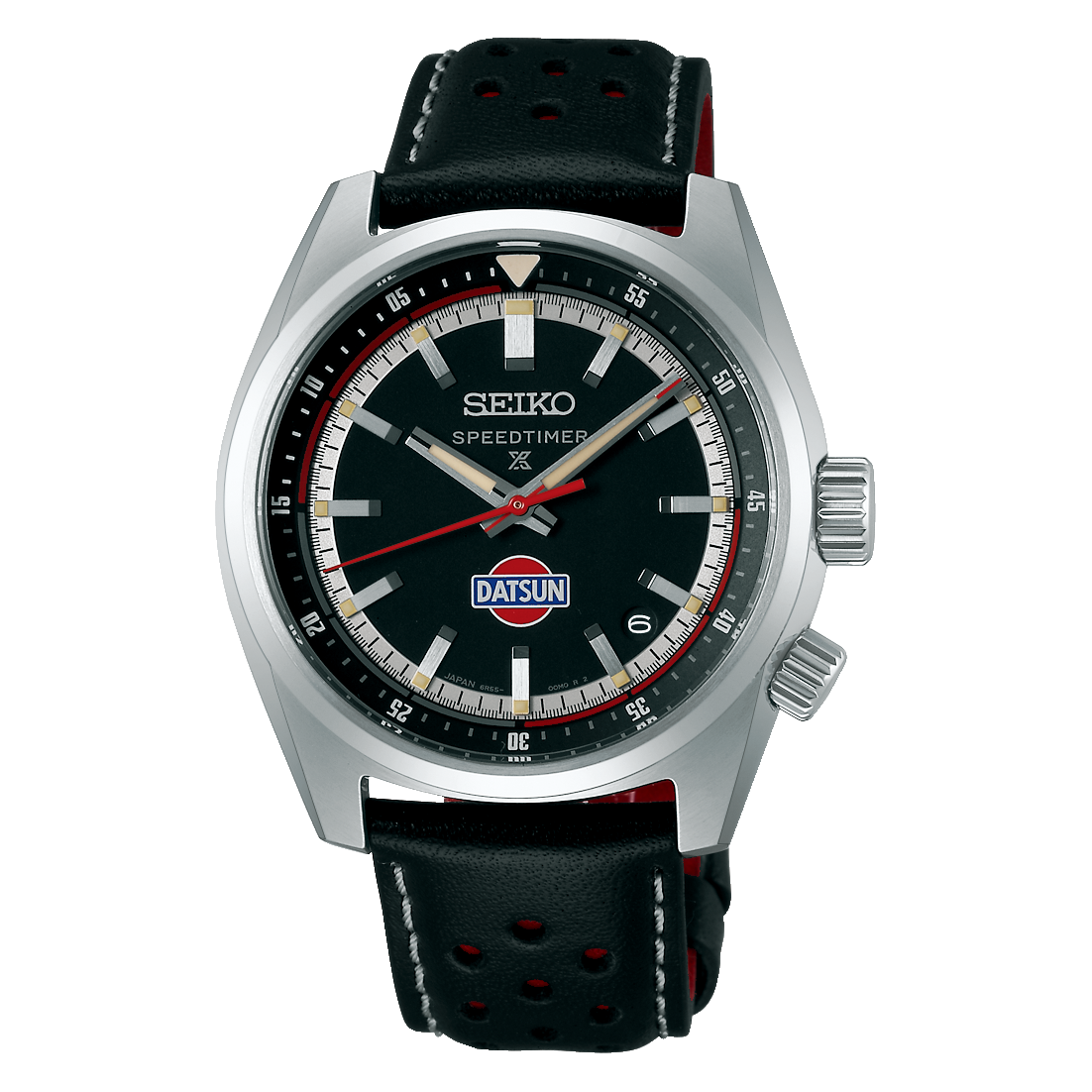 Seiko Prospex herrklocka med svart urtavla, röd accentvisare och läderarmband.