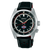 Seiko Prospex herrklocka med svart urtavla, röd accentvisare och läderarmband.