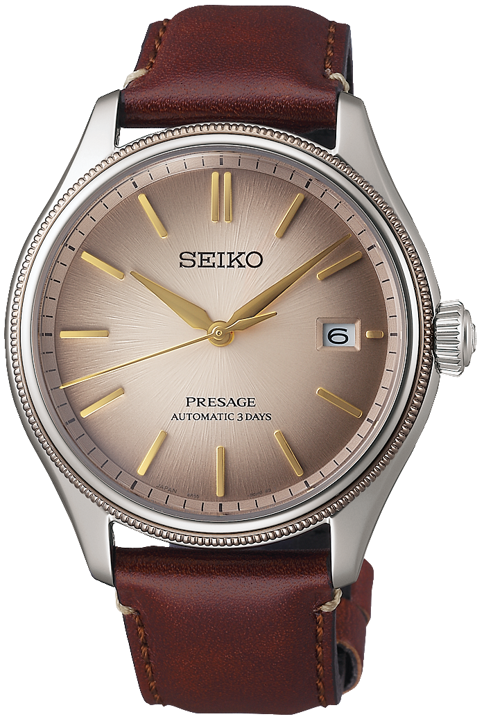 Herrklocka med brunt läderarmband och beige urtavla, förgyllda visare