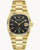 Bulova Herrenarmbanduhr mit schwarzem Zifferblatt, Goldgehäuse, Datumsanzeige „18“