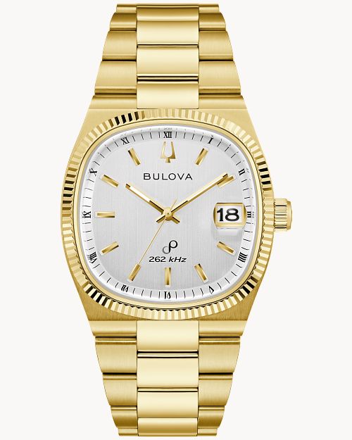 Bulova Herrenarmbanduhr mit goldenem Metallband, weißem Zifferblatt und Datumsanzeige 18