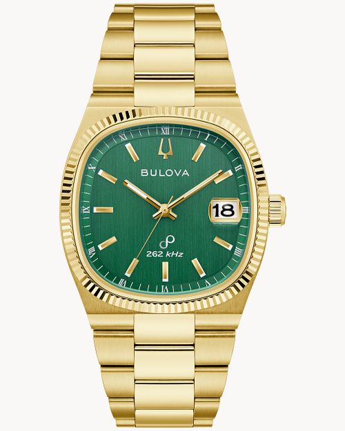 Bulova Herrenarmbanduhr mit grünem Zifferblatt, goldfarbener Edelstahlkette, Datumsanzeige 18