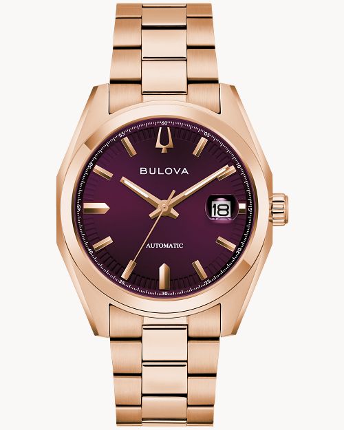 Bulova Herrenuhr mit roségoldfarbenem Edelstahlband, rundem Gehäuse, dunklem Zifferblatt, Datum 18