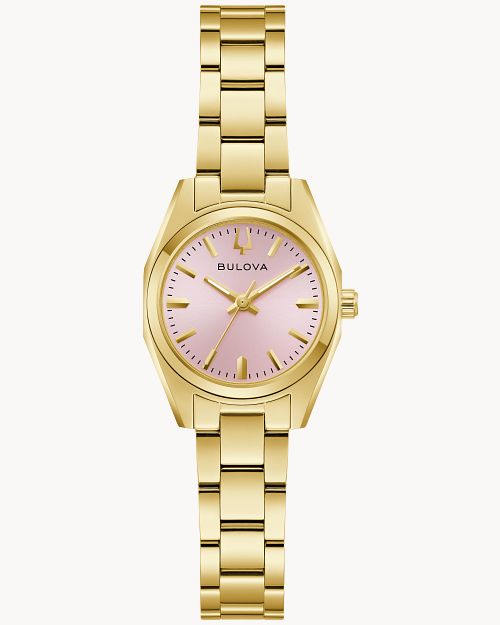 Bulova Damenarmbanduhr mit rosafarbenem Zifferblatt und vergoldetem Edelstahlarmband