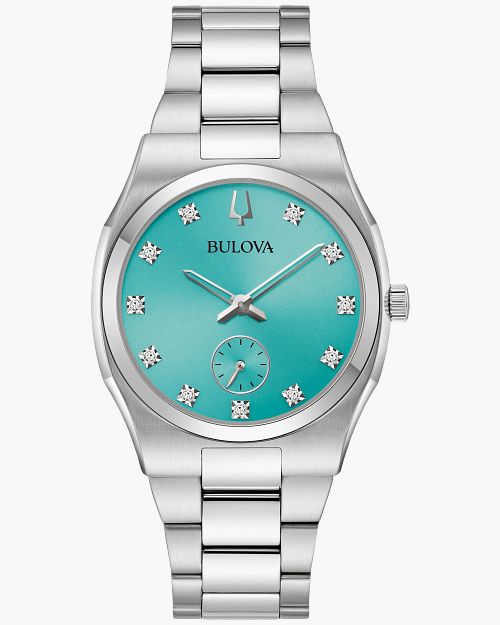 Bulova Damenarmbanduhr mit türkisfarbenem Zifferblatt, Diamantindizes und Metallarmband
